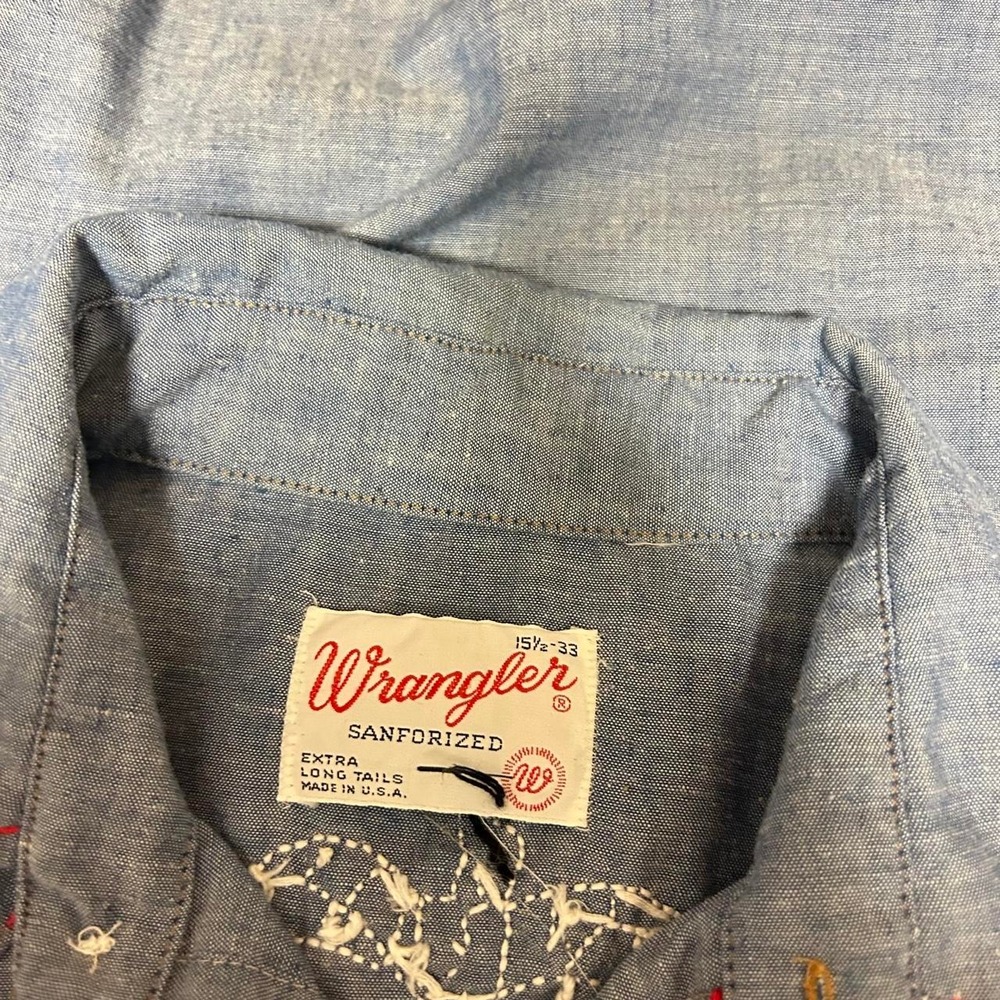 Vintage 80s Wrangler Embroidered Denim Pearl Snap Western Shirt Mens M - Picture 5 of 7